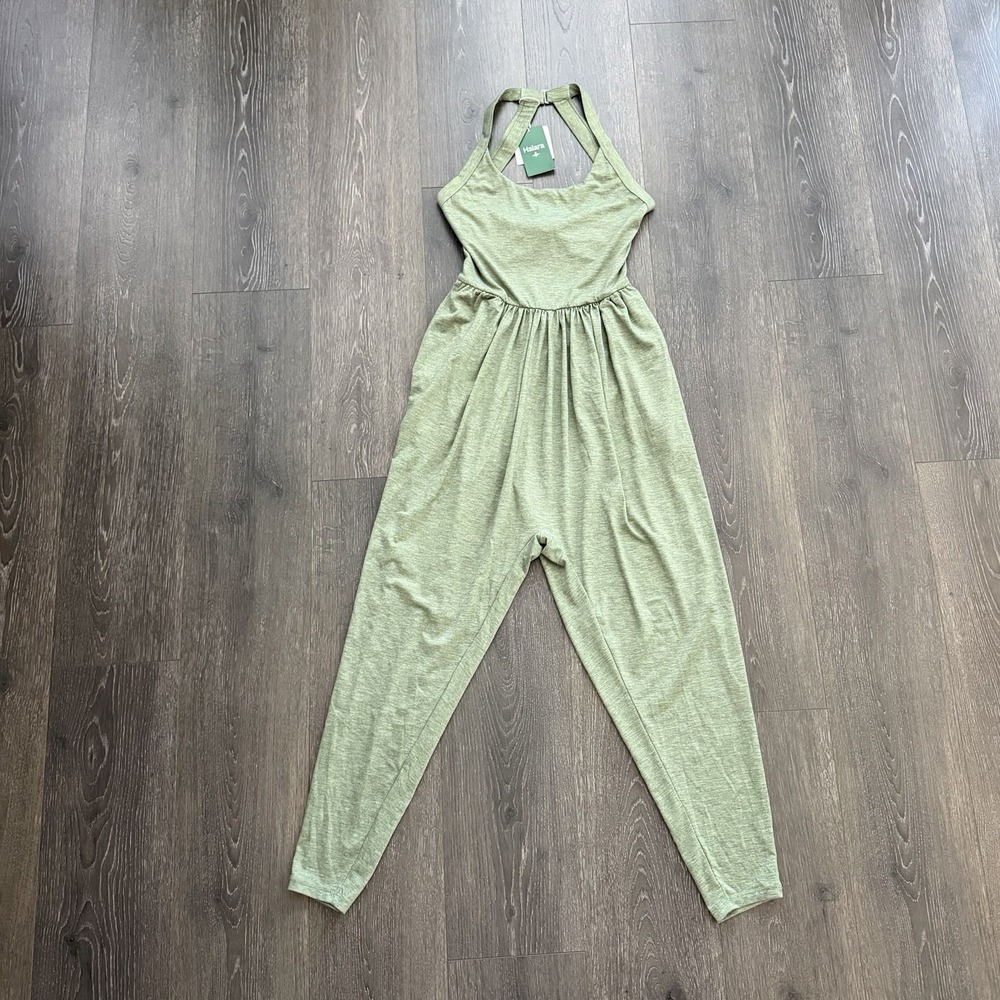 Halara NWT Green Halter Twist Back Knit Stretch Harem‎ Jumpsuit Small Athleisure